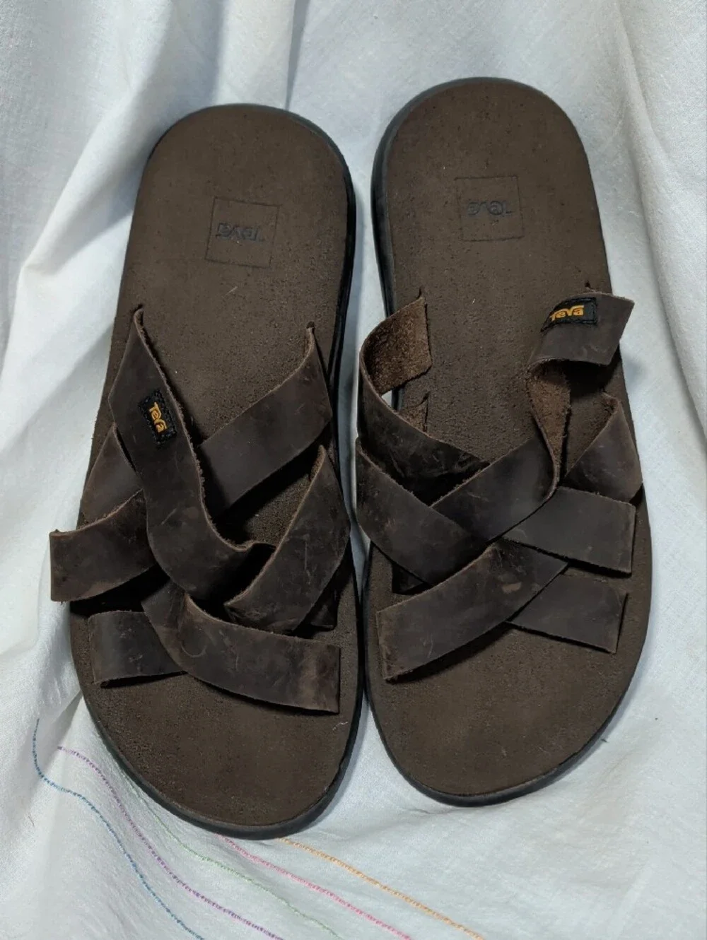Teva Men's Mush Dark Brown Crisscross Leather Slide Sandals Gorpcore Minimalist